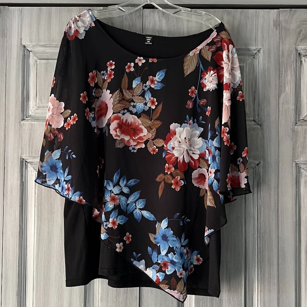 Shein Curve Black Top With Floral Sheer Overlay Size 4XL
